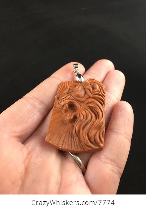 Roaring Male Lion Carved Red Jasper Stone Pendant Jewelry - #6tQO6zhfoPU-2