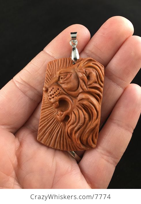 Roaring Male Lion Carved Red Jasper Stone Pendant Jewelry - #6tQO6zhfoPU-1