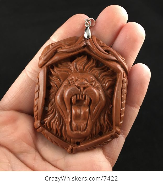Roaring Male Lion Carved Red Jasper Stone Pendant Jewelry - #bYkLP38gUmU-1