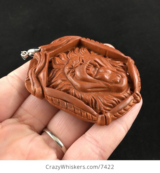 Roaring Male Lion Carved Red Jasper Stone Pendant Jewelry - #bYkLP38gUmU-4