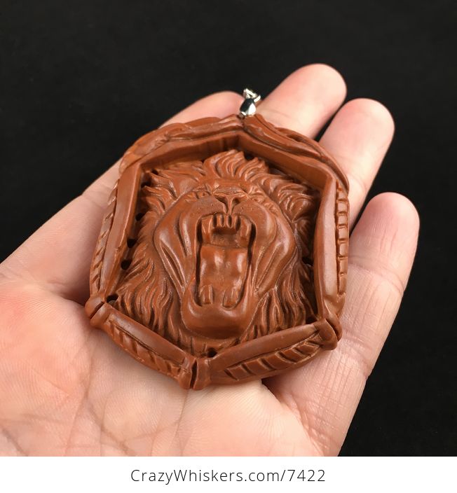 Roaring Male Lion Carved Red Jasper Stone Pendant Jewelry - #bYkLP38gUmU-2
