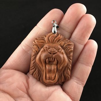 Roaring Male Lion Face Carved Red Jasper Stone Pendant Jewelry #OlvfAZ6HHTs