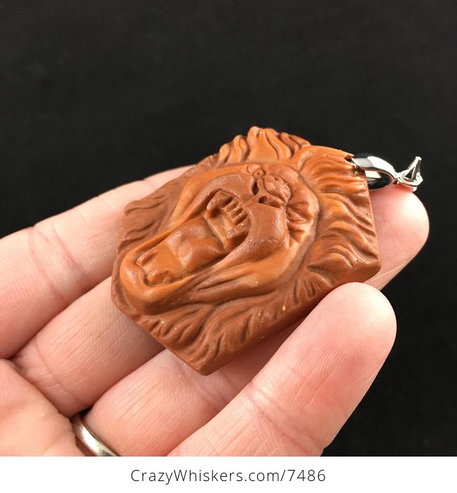 Roaring Male Lion Face Carved Red Jasper Stone Pendant Jewelry - #OlvfAZ6HHTs-3