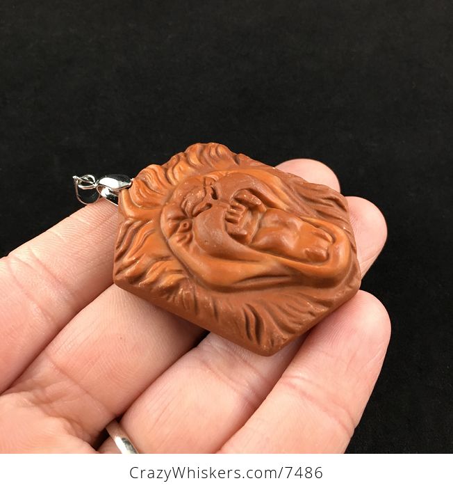 Roaring Male Lion Face Carved Red Jasper Stone Pendant Jewelry - #OlvfAZ6HHTs-4