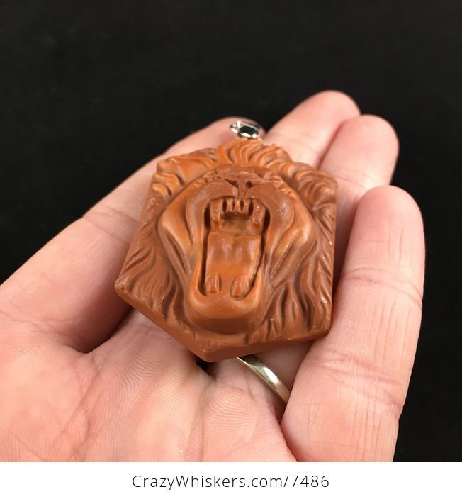 Roaring Male Lion Face Carved Red Jasper Stone Pendant Jewelry - #OlvfAZ6HHTs-2