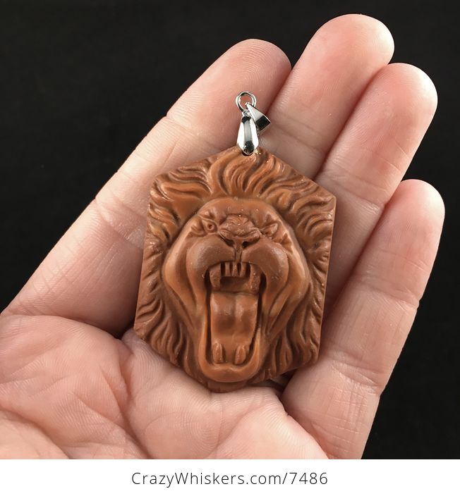 Roaring Male Lion Face Carved Red Jasper Stone Pendant Jewelry - #OlvfAZ6HHTs-1