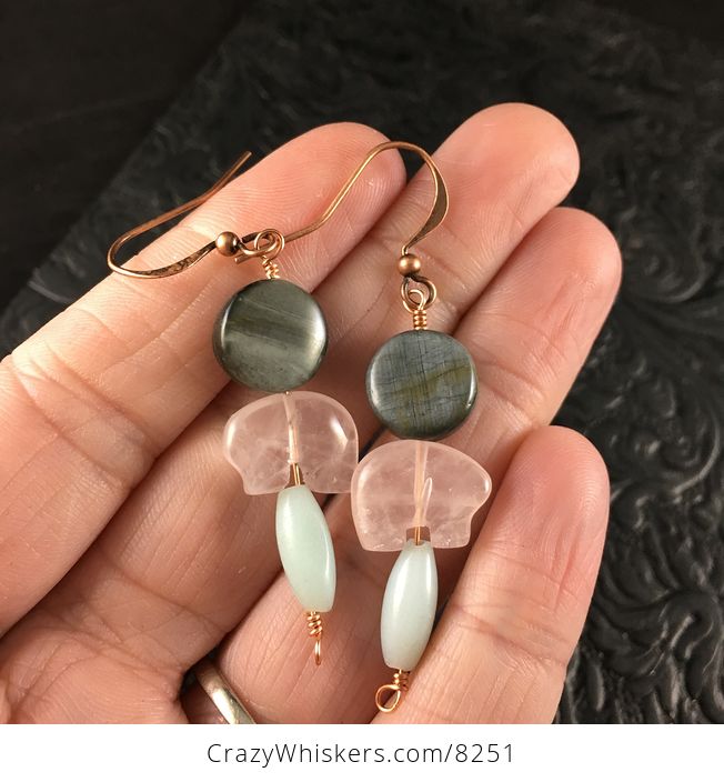 Rose Quartz Bear Amazonite and Chrysoberyl Cats Eye Earrings with Copper Wire - #Q5znIuXQmns-1