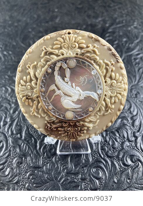Scorpion Scorpio Carved Shell and Jasper Stone Pendant Cabochon Jewelry Mini Art Ornament - #gVTDPjMKxQg-1