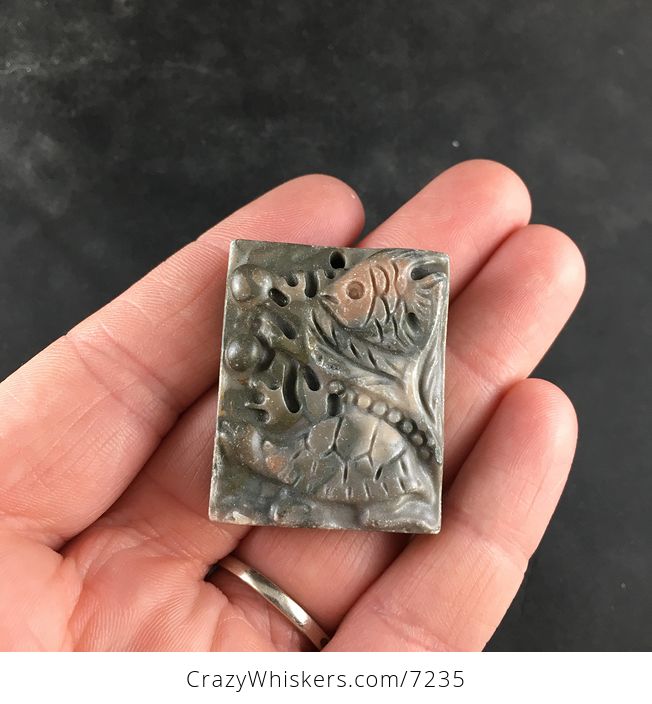 Sea Turtle and Fish Carved Ribbon Jasper Stone Jewelry Pendant - #lAgFLwK6xYw-1