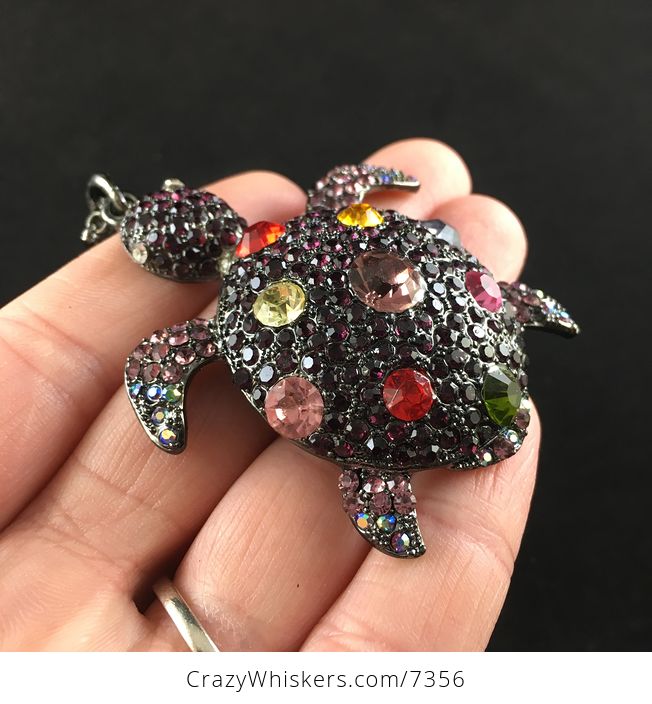 Sea Turtle Pendant in Purple Tone Adorned with Colorful Crystal Rhinestones on Gun Metal Black - #vbnR2nb80Is-4