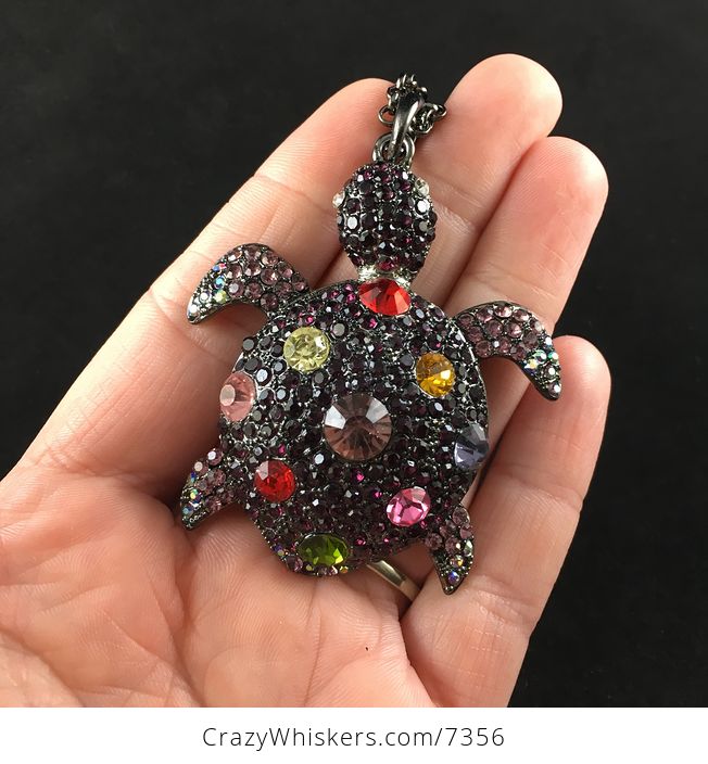 Sea Turtle Pendant in Purple Tone Adorned with Colorful Crystal Rhinestones on Gun Metal Black - #vbnR2nb80Is-2