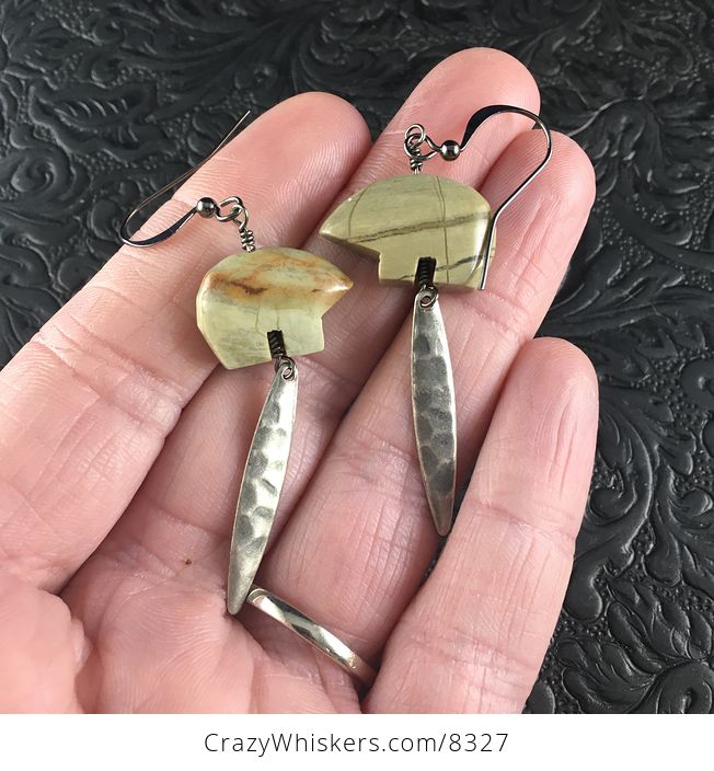Silver Leaf Jasper Bear and Hammered Metal Earrings - #CnzxfeVZjNM-1