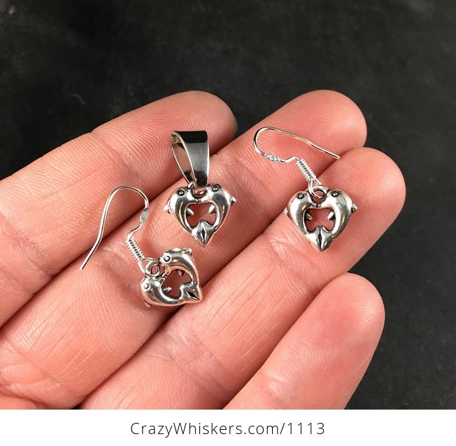 Silver Toned Loving Dolphins Forming a Heart Pendant Necklace and Earrings Jewelry Set - #FS41MNUh0kI-1