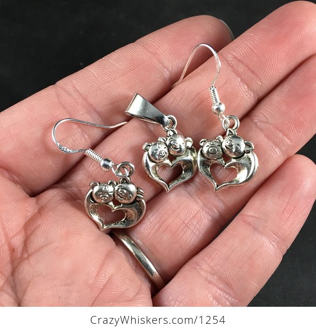 Silver Toned Loving Happy Pigs Hugging and Forming a Heart Pendant Necklace and Earrings Jewelry Set - #syTkMqTUKg4-1