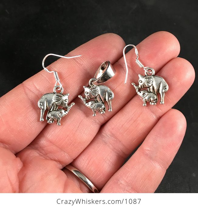 Silver Toned Mama and Baby Elephant Pendant Necklace and Earrings Jewelry Set - #y7mpTH7n6V0-1