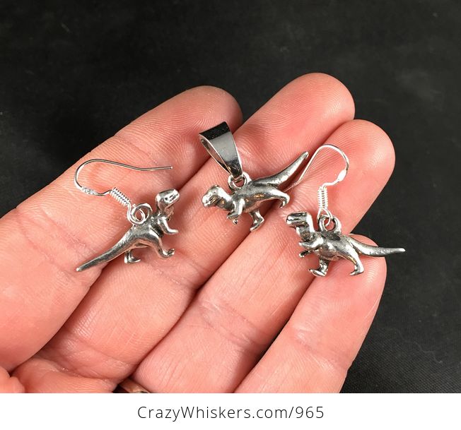 Silver Toned Tyrannosaurus Rex Dinosaur Pendant Necklace and Earrings Jewelry Set - #vvDEfhrwbhA-1