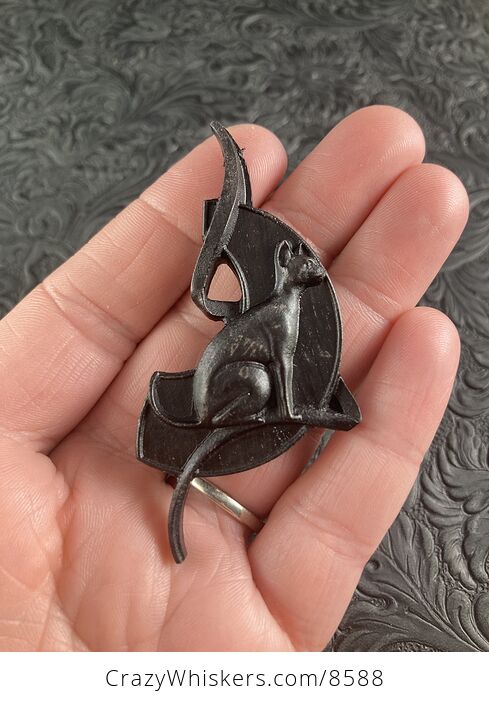 Sitting Cat Carved in Black Stained Wood Jewelry Pendant - #lv874fGTdyo-1