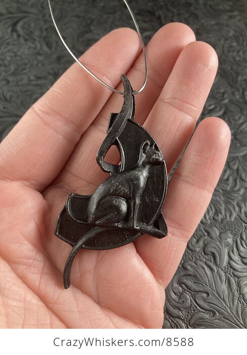 Sitting Cat Carved in Black Stained Wood Jewelry Pendant - #lv874fGTdyo-2