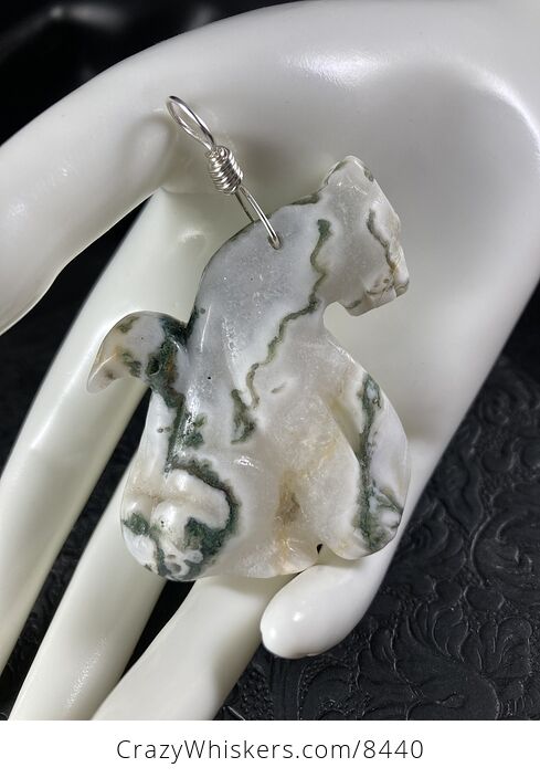 Sitting Cougar Cheetah or Leopard Big Cat Carved Moss Agate Stone Jewelry Pendant - #mHT3KWHg220-2