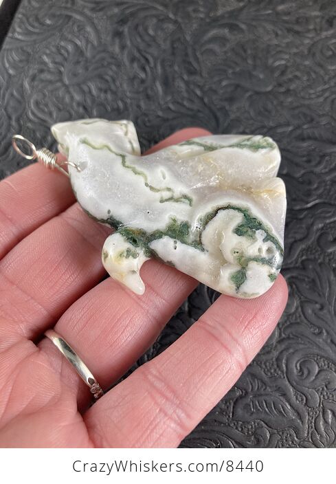 Sitting Cougar Cheetah or Leopard Big Cat Carved Moss Agate Stone Jewelry Pendant - #mHT3KWHg220-8