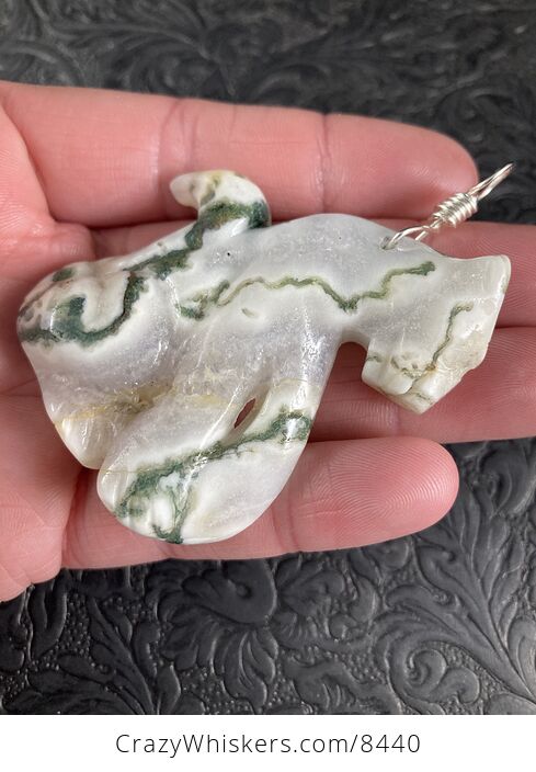 Sitting Cougar Cheetah or Leopard Big Cat Carved Moss Agate Stone Jewelry Pendant - #mHT3KWHg220-7