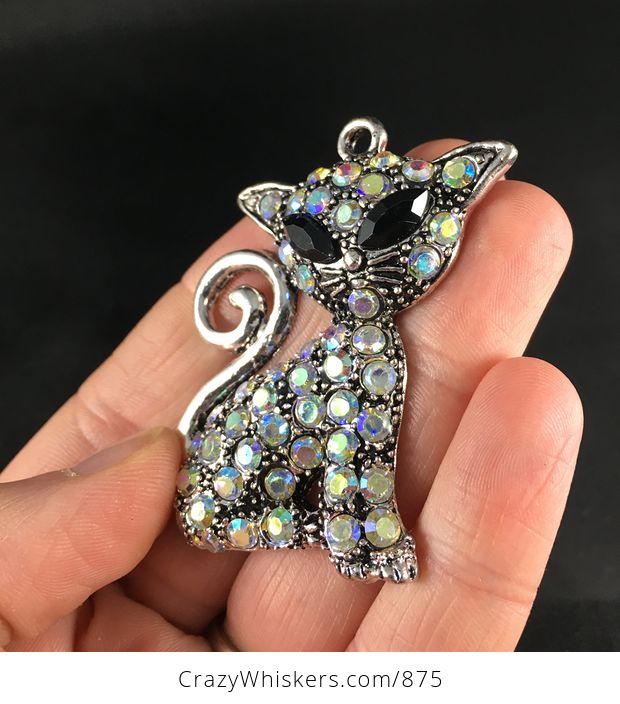 Sitting Kitty Cat Pendant with a Curly Tail Black Rhinestone Eyes and Colorful Rainbow Rhinestones - #gdebf2t1Zks-2