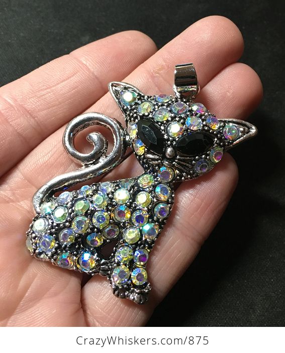 Sitting Kitty Cat Pendant with a Curly Tail Black Rhinestone Eyes and Colorful Rainbow Rhinestones - #gdebf2t1Zks-1