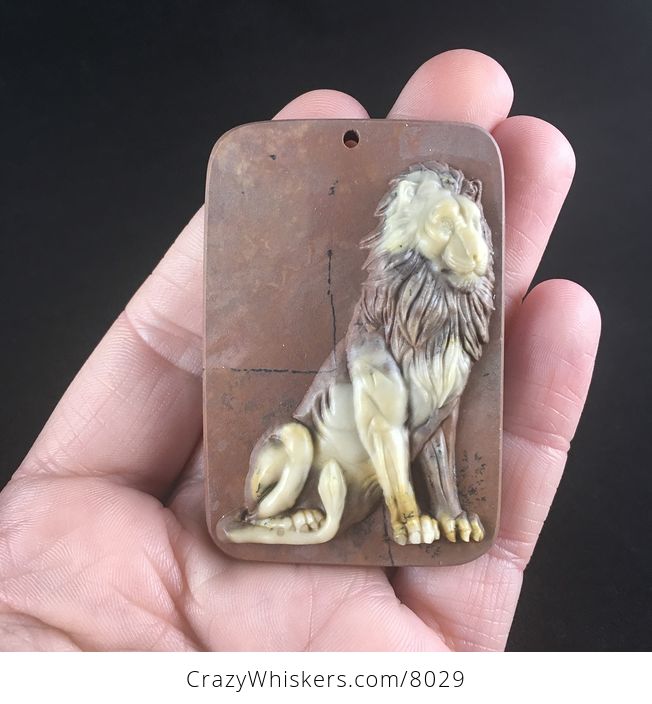 Sitting Male Lion Carved Ribbon Jasper Stone Pendant Jewelry - #iU6YiNMgNEE-1