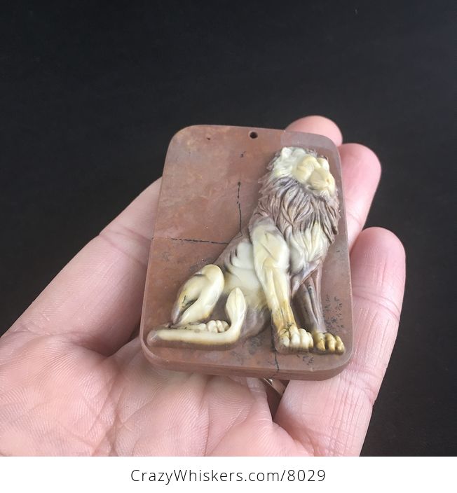 Sitting Male Lion Carved Ribbon Jasper Stone Pendant Jewelry - #iU6YiNMgNEE-2