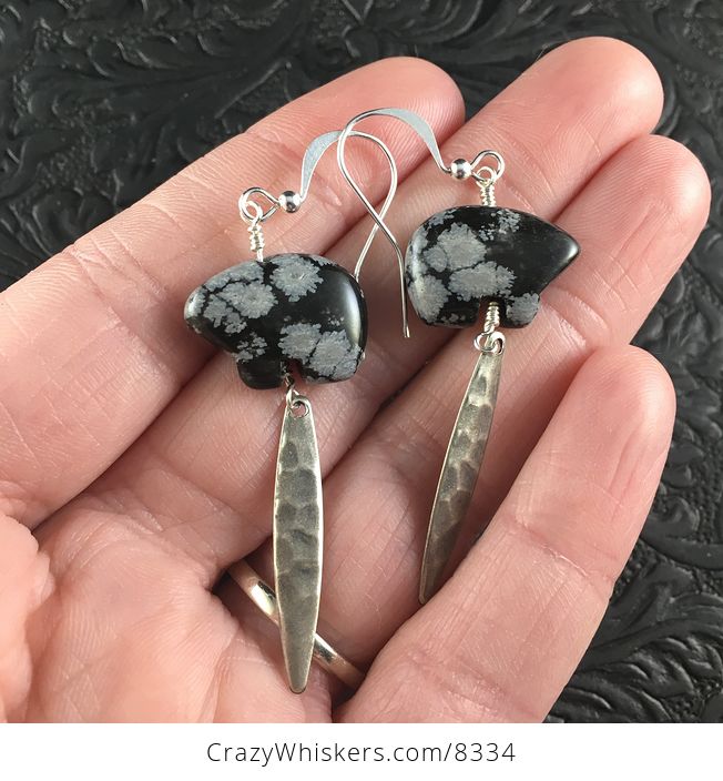 Snowflake Obsidian Bear and Hammered Antiqued Silver Metal Drop Earrings - #KSnIguJnrYI-1