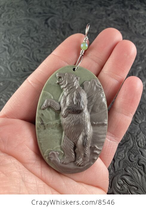 Standing Bear Carved Ribbon Jasper Stone Pendant Jewelry - #wmMzYM00Un8-1