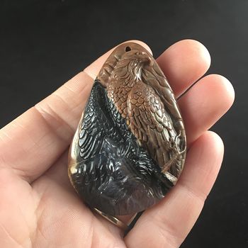Stone Pendant Jewelry Wolf and Eagle Spirit Animals Carved Black and Brown Mexican Agate #h9o9AwFFpL0