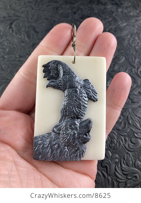 Stone Pendant Jewelry Wolf and Eagle Spirit Animals Carved Black Jasper on White Jade - #AmcAH95oCIc-1
