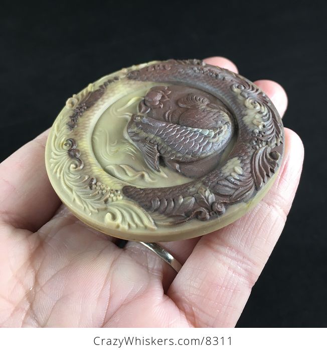 Stunning Arowana Fish Carved Ribbon Jasper Stone Pendant Jewelry - #mamQMmYdp5U-2