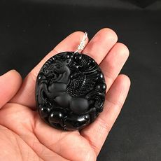 Stunning Carved Black Obsidian Jade Stone Flying Winged Pegasus Horse Pendant with Silver Plated Wire Wrap Bail #ocuDrcXayM4