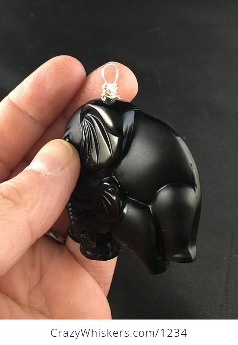 Stunning Carved Black Obsidian Jade Stone Mamma and Baby Elephant Pendant with Silver Plated Wire Wrap Bail - #uiw1ENlkIhg-3