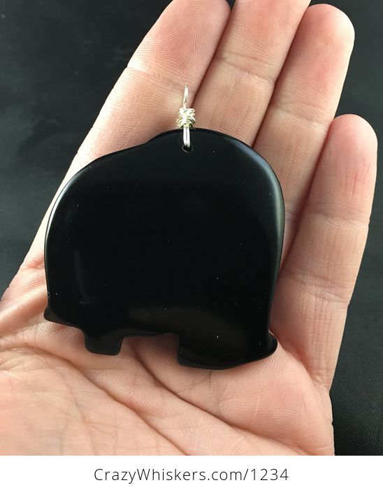 Stunning Carved Black Obsidian Jade Stone Mamma and Baby Elephant Pendant with Silver Plated Wire Wrap Bail - #uiw1ENlkIhg-2