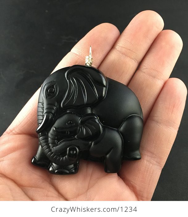 Stunning Carved Black Obsidian Jade Stone Pendant Jewelry Mamma and Baby Elephant Pendant with Silver Plated Wire Wrap Bail - #uiw1ENlkIhg-1