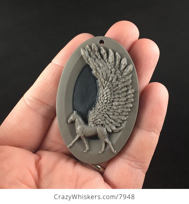 Stunning Carved Winged Pegasus Horse in Brown Ribbon Jasper Stone Jewelry Pendant - #FNT72LkRKmM-1