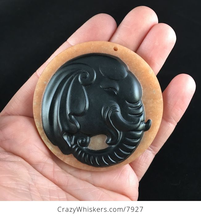 Stunning Elephant Face Carved Black Jasper Stone Pendant Jewelry - #W2Wei90mSk8-1