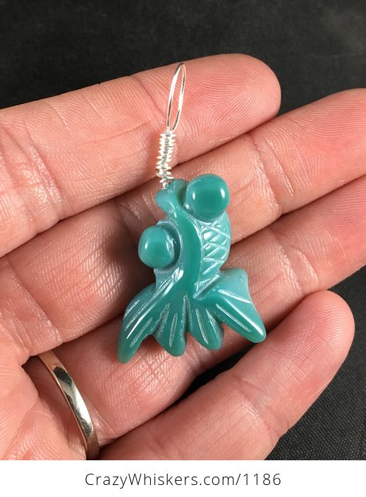 Stunning Turquoise Blue Colored Carved Agate Goldfish Pendant with Custom Wire Bail - #QYyJZVDxVTU-1