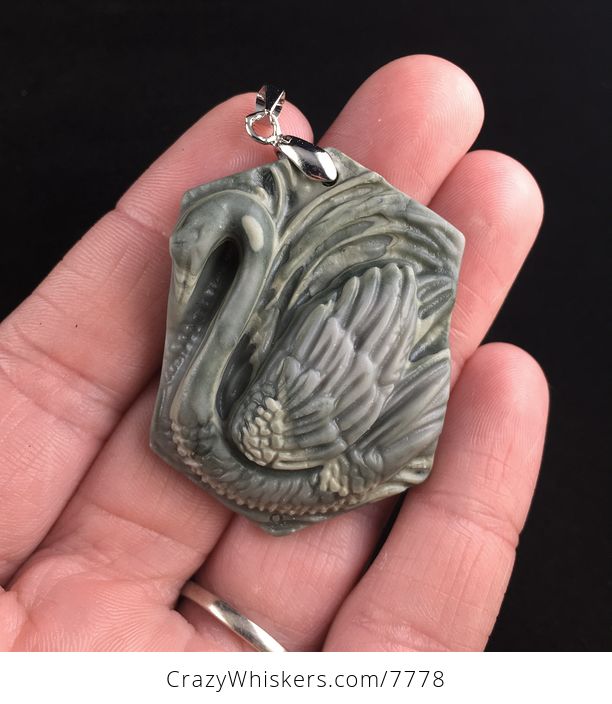 Swan Bird Carved Ribbon Jasper Stone Pendant Jewelry - #f0xYqLbex2Y-1