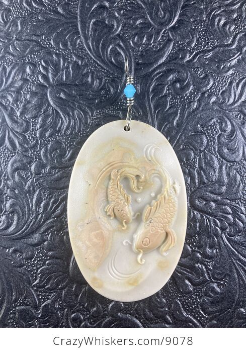 Swimming Koi Fish Carved in Jasper Stone Pendant Mini Art Ornament - #B9gDeKDE9gk-5