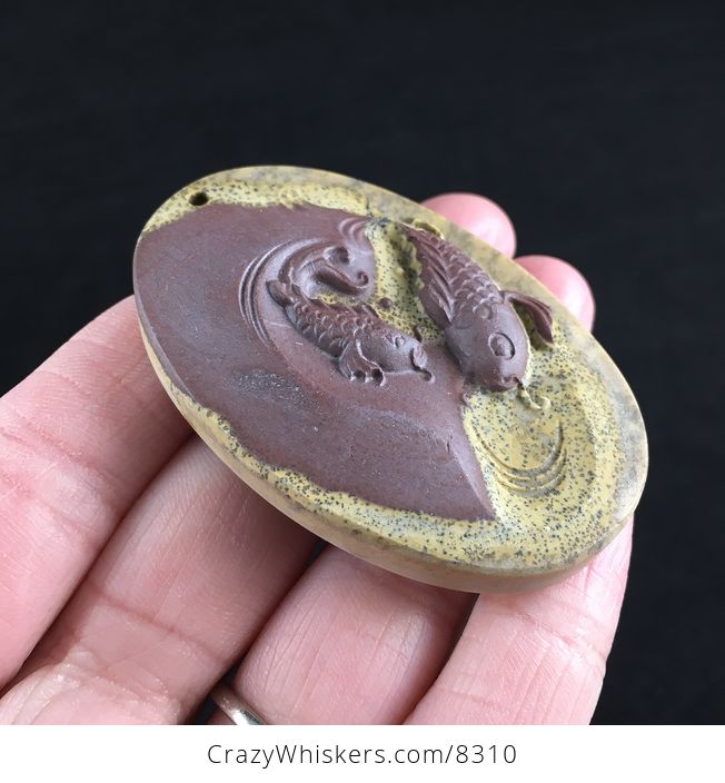 Swimming Koi Fish Carved in Ribbon Jasper Stone Pendant - #EeXpmdhAeP8-3