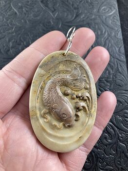 Swimming Koi Fish Carved in Ribbon Jasper Stone Pendant Jewelry Mini Art Ornament #V5TOsZ1U1GI