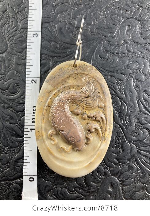Swimming Koi Fish Carved in Ribbon Jasper Stone Pendant Jewelry Mini Art Ornament - #V5TOsZ1U1GI-5