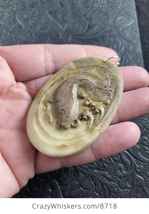 Swimming Koi Fish Carved in Ribbon Jasper Stone Pendant Jewelry Mini Art Ornament - #V5TOsZ1U1GI-2