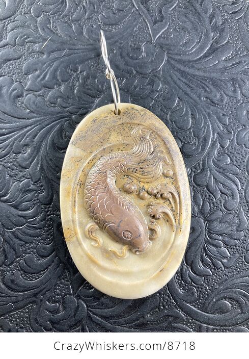 Swimming Koi Fish Carved in Ribbon Jasper Stone Pendant Jewelry Mini Art Ornament - #V5TOsZ1U1GI-4