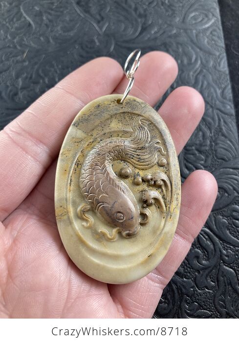 Swimming Koi Fish Carved in Ribbon Jasper Stone Pendant Jewelry Mini Art Ornament - #V5TOsZ1U1GI-1