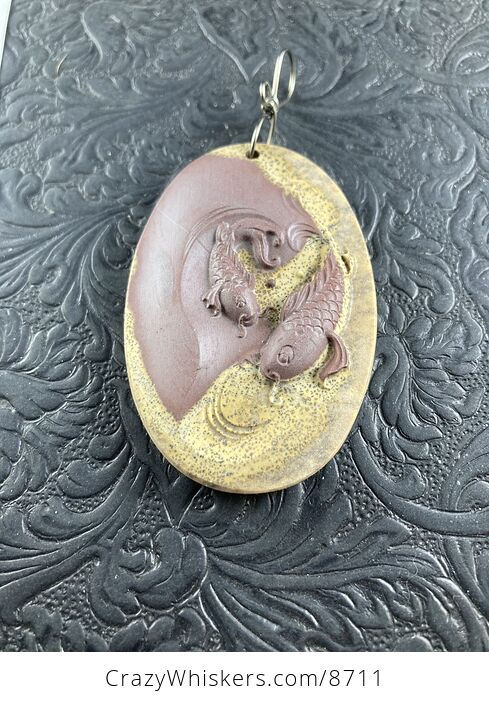 Swimming Koi Fish Carved in Ribbon Jasper Stone Pendant Mini Art Ornament - #LaYXmbO4WXw-6